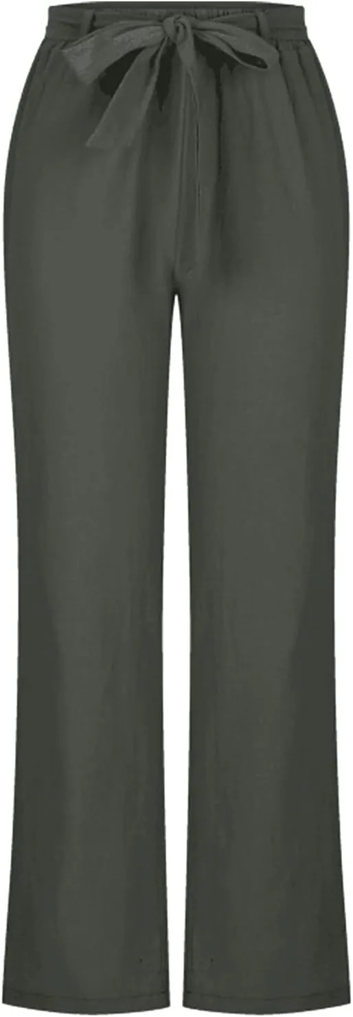 Women's Wide Leg Cotton Linen Pants Drawstring Elastic Waist Lounge Trousers Summer Casual Loose Lightweight Beach Pants