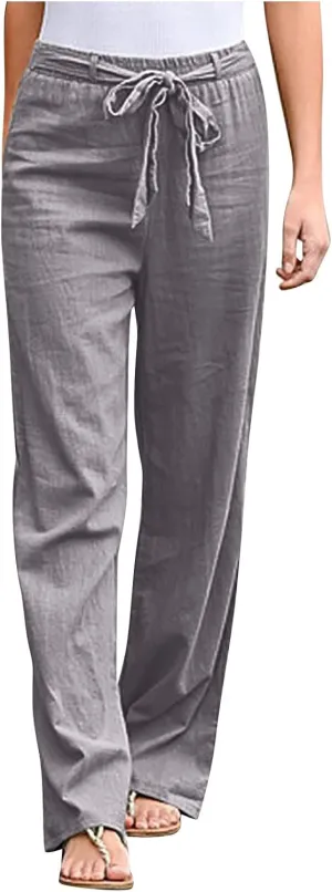 Women's Wide Leg Cotton Linen Pants Drawstring Elastic Waist Lounge Trousers Summer Casual Loose Lightweight Beach Pants