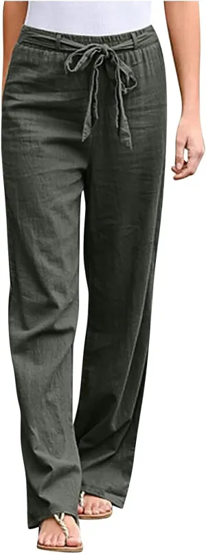 Women's Wide Leg Cotton Linen Pants Drawstring Elastic Waist Lounge Trousers Summer Casual Loose Lightweight Beach Pants