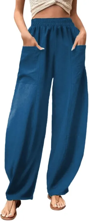 Women's Wide Leg Cotton Linen Pants Drawstring Elastic Waist Summer Beach Pants Casual Loose Lounge Trousers with Pockets