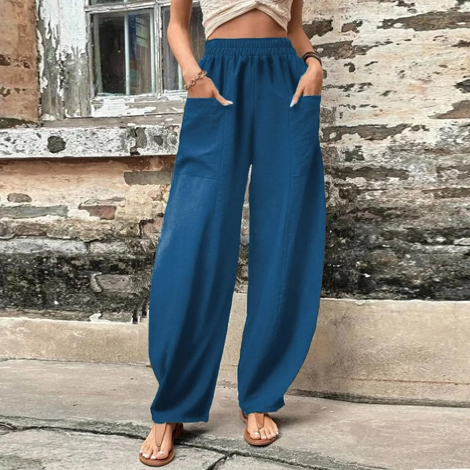 Women's Wide Leg Cotton Linen Pants Drawstring Elastic Waist Summer Beach Pants Casual Loose Lounge Trousers with Pockets
