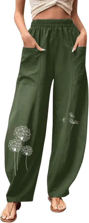 Women's Wide Leg Cotton Linen Pants Drawstring Elastic Waist Summer Beach Pants Casual Loose Lounge Trousers with Pockets