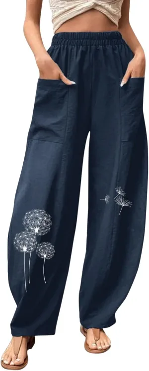 Women's Wide Leg Cotton Linen Pants Drawstring Elastic Waist Summer Beach Pants Casual Loose Lounge Trousers with Pockets