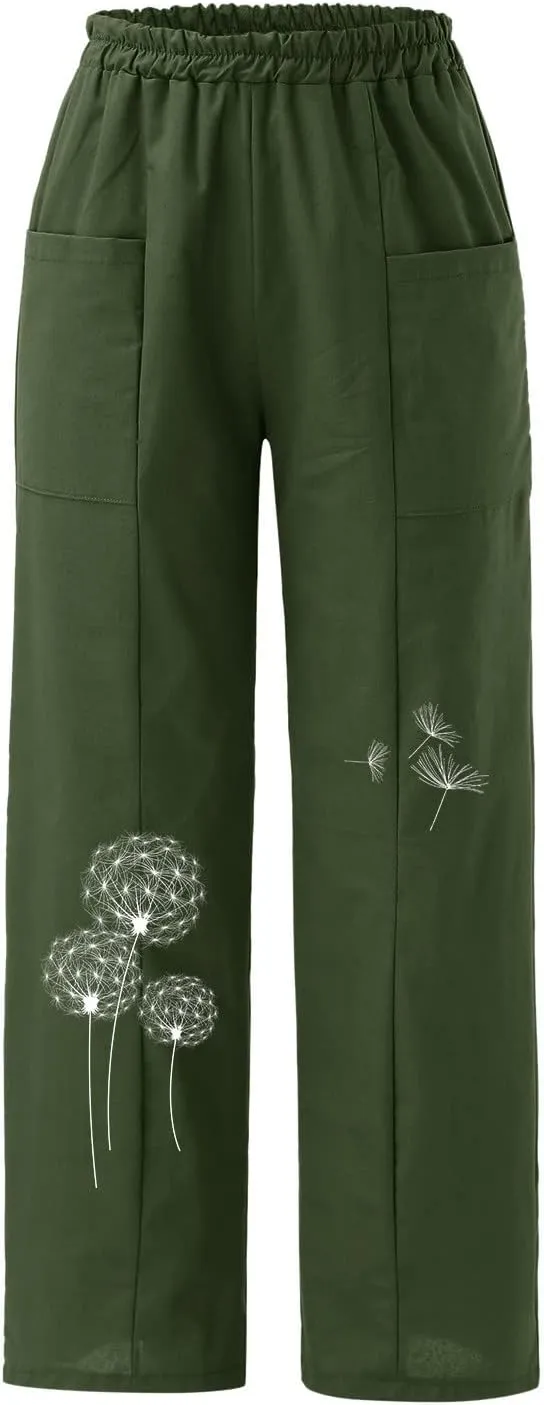 Women's Wide Leg Cotton Linen Pants Drawstring Elastic Waist Summer Beach Pants Casual Loose Lounge Trousers with Pockets