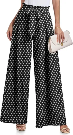 Women's Wide Leg Pants High Waist Adjustable Knot Loose Casual Flowy Tie Knot Business Work Trousers with Pockets