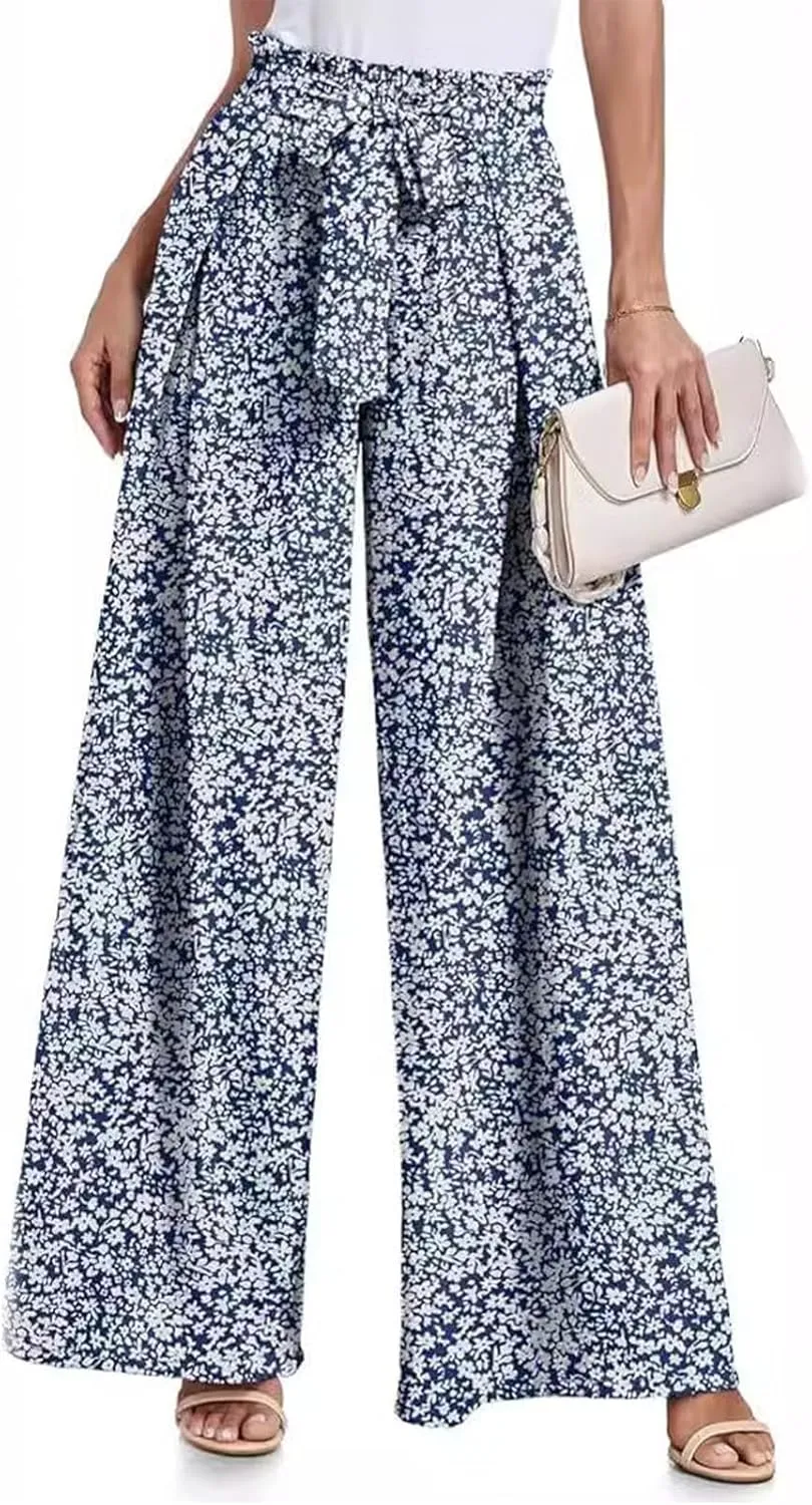 Women's Wide Leg Pants High Waist Adjustable Knot Loose Casual Flowy Tie Knot Business Work Trousers with Pockets