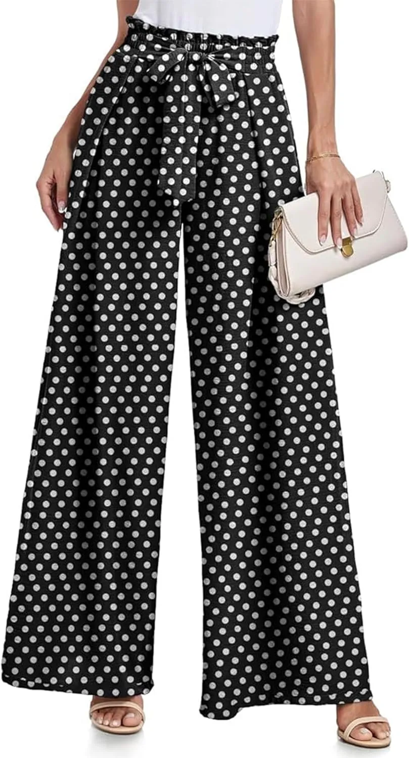 Women's Wide Leg Pants High Waist Adjustable Knot Loose Casual Flowy Tie Knot Business Work Trousers with Pockets