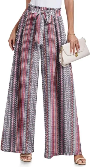Women's Wide Leg Pants High Waist Adjustable Knot Loose Casual Flowy Tie Knot Business Work Trousers with Pockets