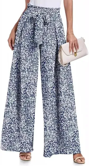 Women's Wide Leg Pants High Waist Adjustable Knot Loose Casual Flowy Tie Knot Business Work Trousers with Pockets