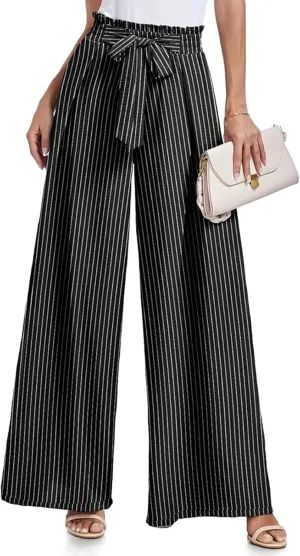 Women's Wide Leg Pants High Waist Adjustable Knot Loose Casual Flowy Tie Knot Business Work Trousers with Pockets