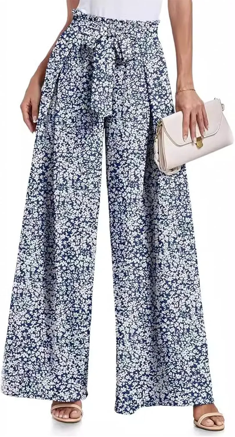 Women's Wide Leg Pants High Waist Adjustable Knot Loose Casual Flowy Tie Knot Business Work Trousers with Pockets