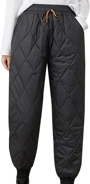 Womens Winter Puffer Pants Warm Padded Down Pants Baggy High Waist Quilted Sweatpants Lightweight Snow Ski Trousers