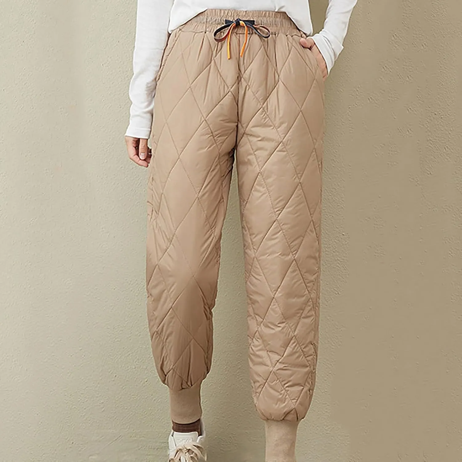 Womens Winter Puffer Pants Warm Padded Down Pants Baggy High Waist Quilted Sweatpants Lightweight Snow Ski Trousers