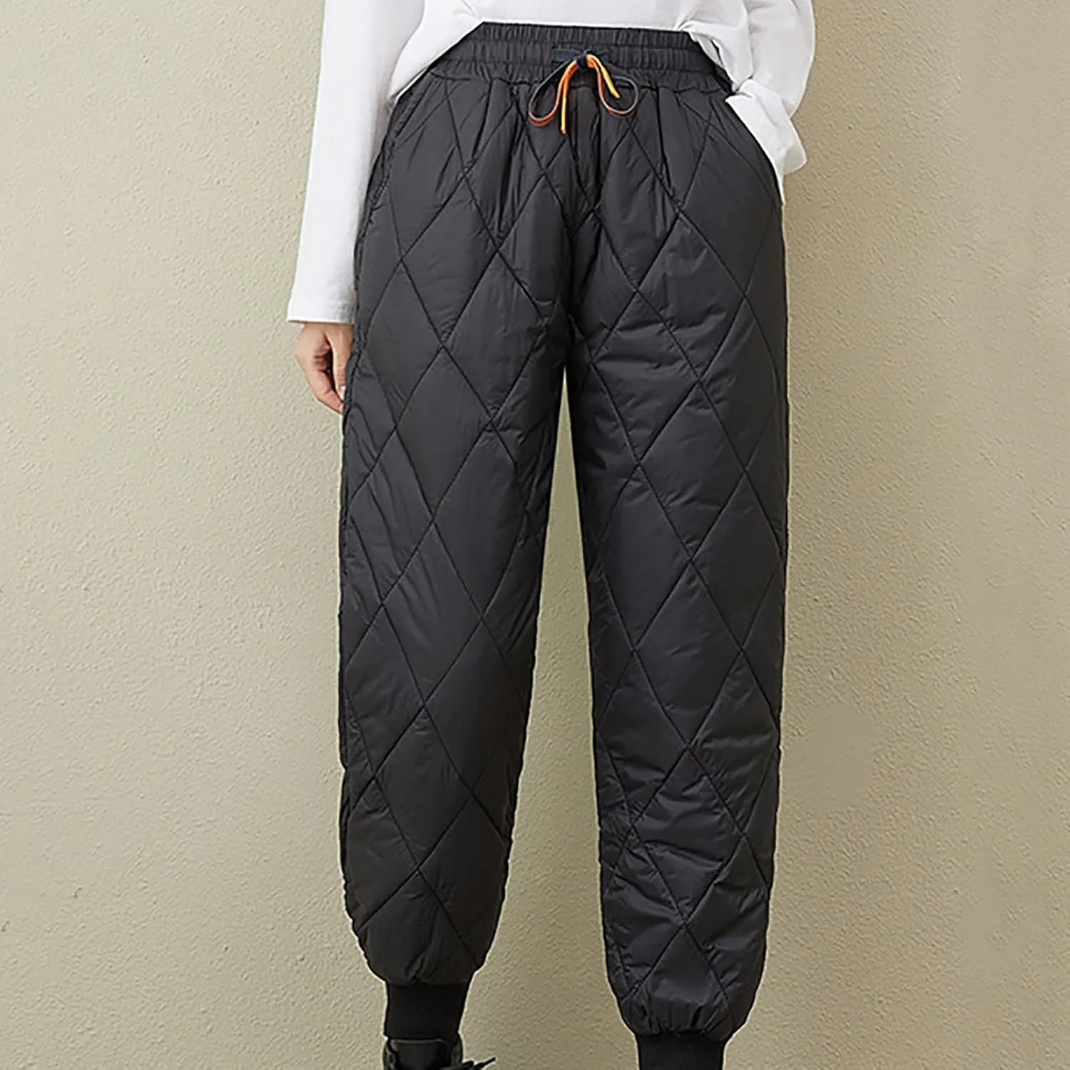 Womens Winter Puffer Pants Warm Padded Down Pants Baggy High Waist Quilted Sweatpants Lightweight Snow Ski Trousers