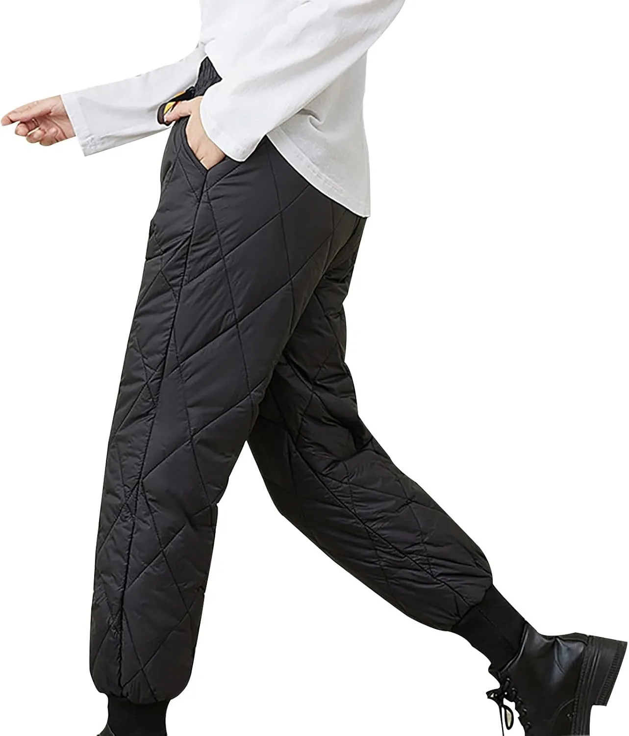 Womens Winter Puffer Pants Warm Padded Down Pants Baggy High Waist Quilted Sweatpants Lightweight Snow Ski Trousers