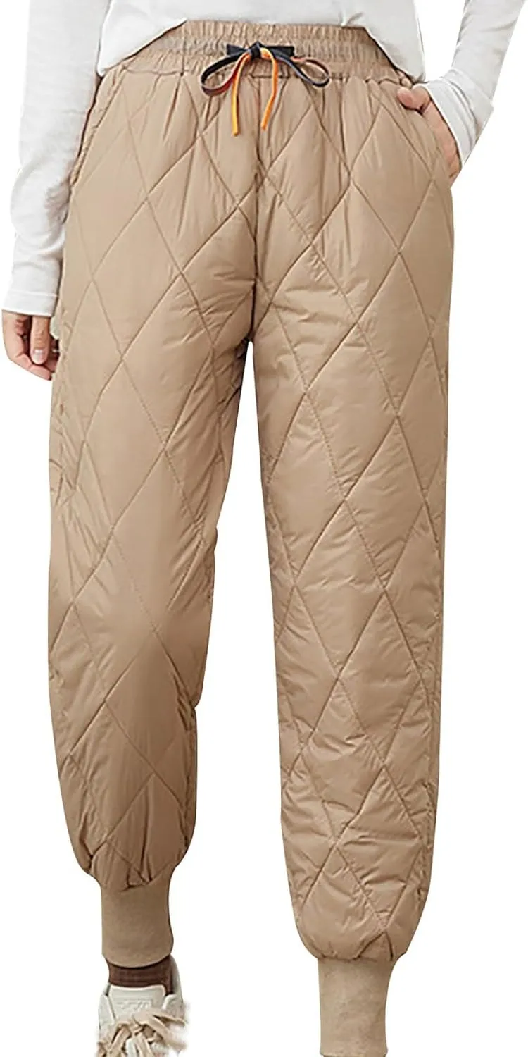 Womens Winter Puffer Pants Warm Padded Down Pants Baggy High Waist Quilted Sweatpants Lightweight Snow Ski Trousers