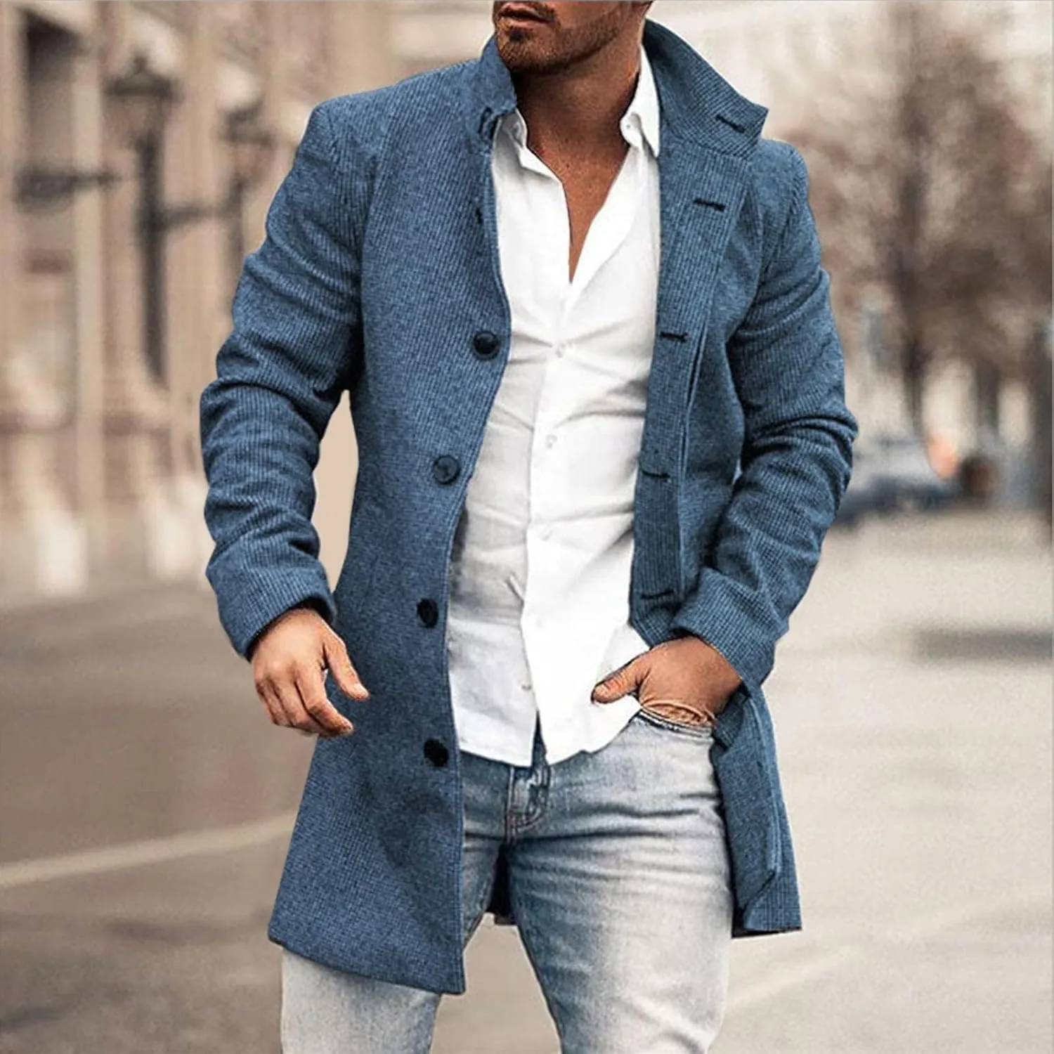 Wool Blend Trench Coat Men Notched Collar Plaid Single Breasted Pea Coats Slim Fit Warm Winter Jackets Big and Tall