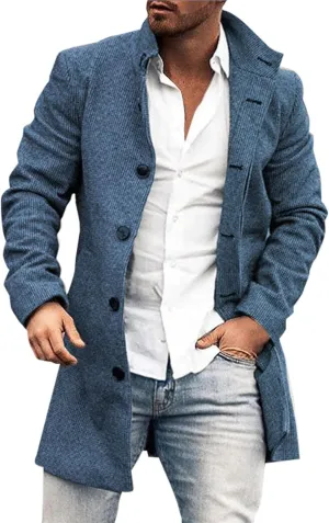 Wool Blend Trench Coat Men Notched Collar Plaid Single Breasted Pea Coats Slim Fit Warm Winter Jackets Big and Tall