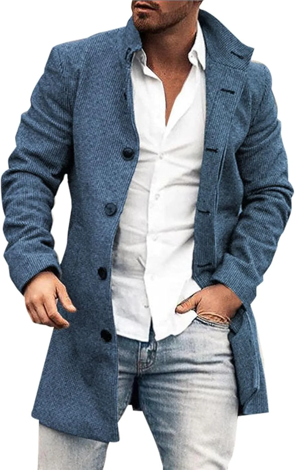 Wool Blend Trench Coat Men Notched Collar Plaid Single Breasted Pea Coats Slim Fit Warm Winter Jackets Big and Tall
