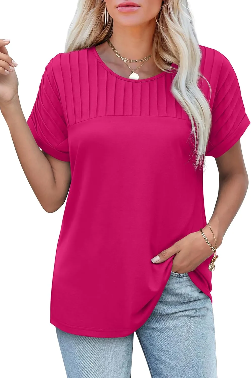 XIEERDUO Womens T Shirts Casual Summer Tops Pleated Crewneck Short Sleeve Blouses Trendy Beach Vacation Clothes