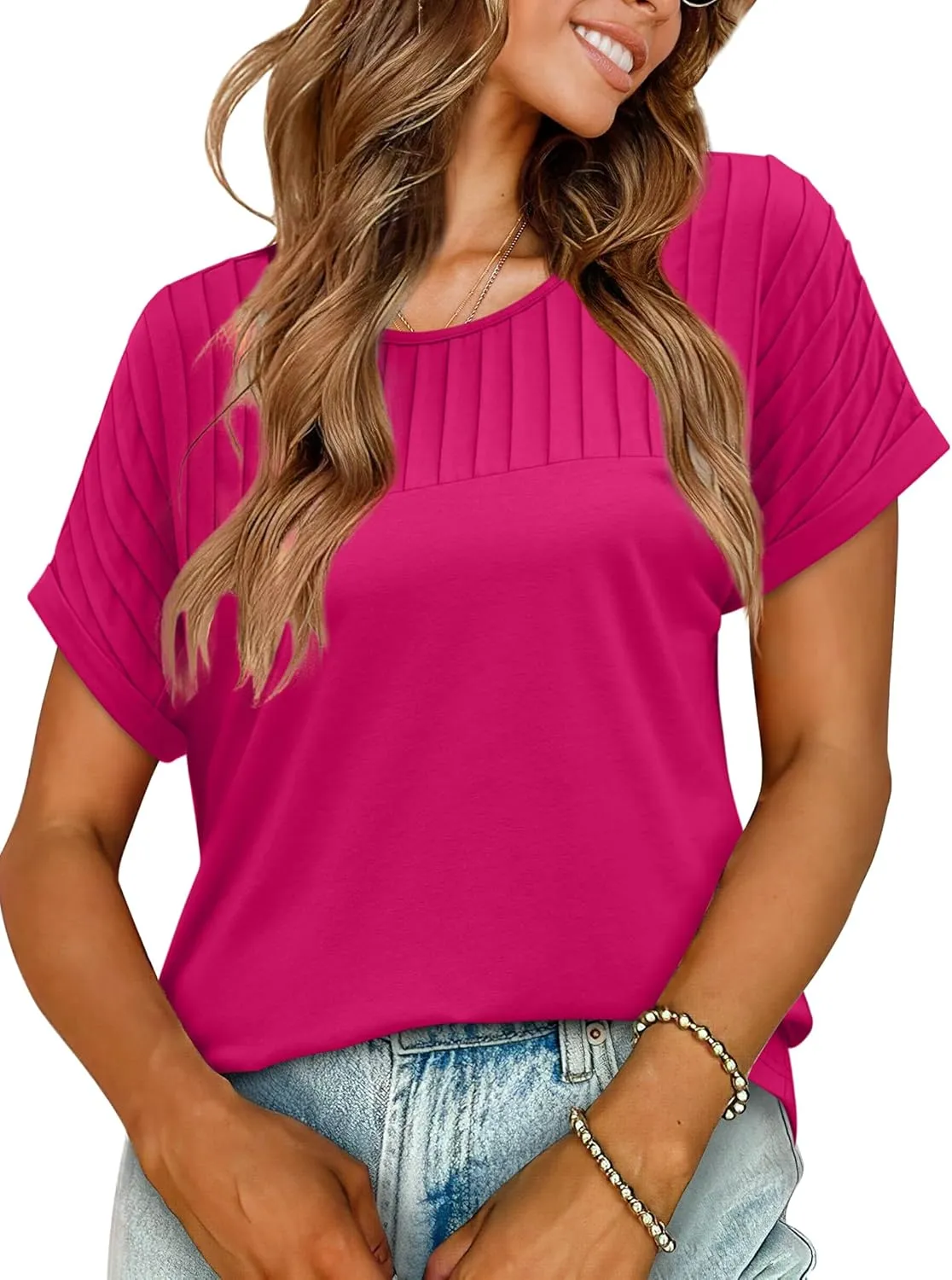XIEERDUO Womens T Shirts Casual Summer Tops Pleated Crewneck Short Sleeve Blouses Trendy Beach Vacation Clothes