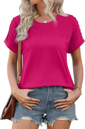 XIEERDUO Womens T Shirts Casual Summer Tops Pleated Crewneck Short Sleeve Blouses Trendy Beach Vacation Clothes