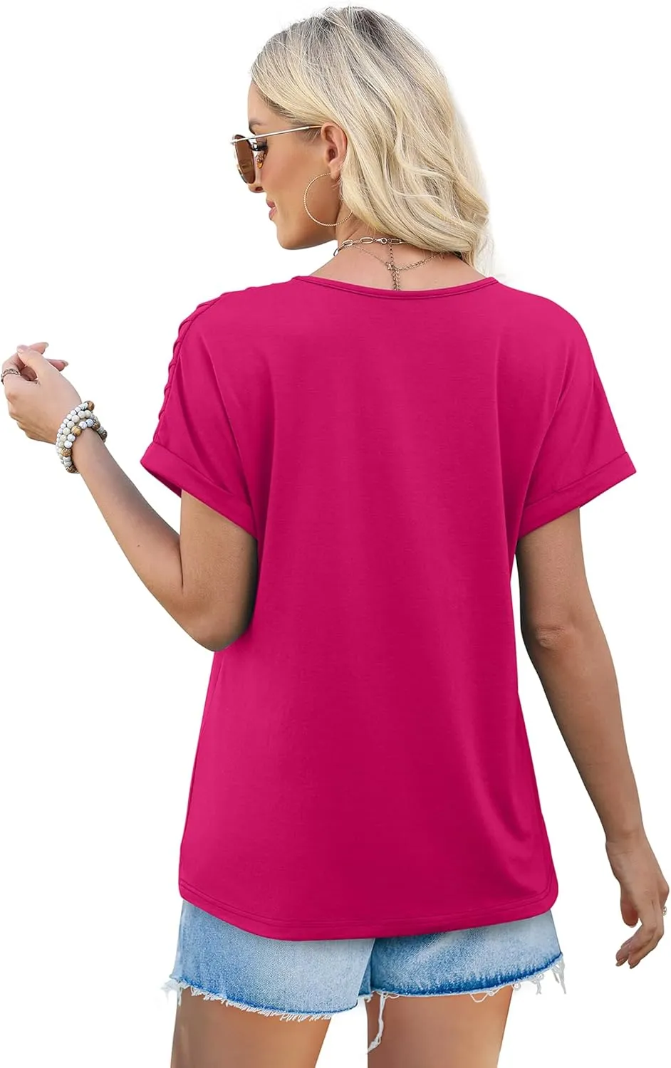XIEERDUO Womens T Shirts Casual Summer Tops Pleated Crewneck Short Sleeve Blouses Trendy Beach Vacation Clothes