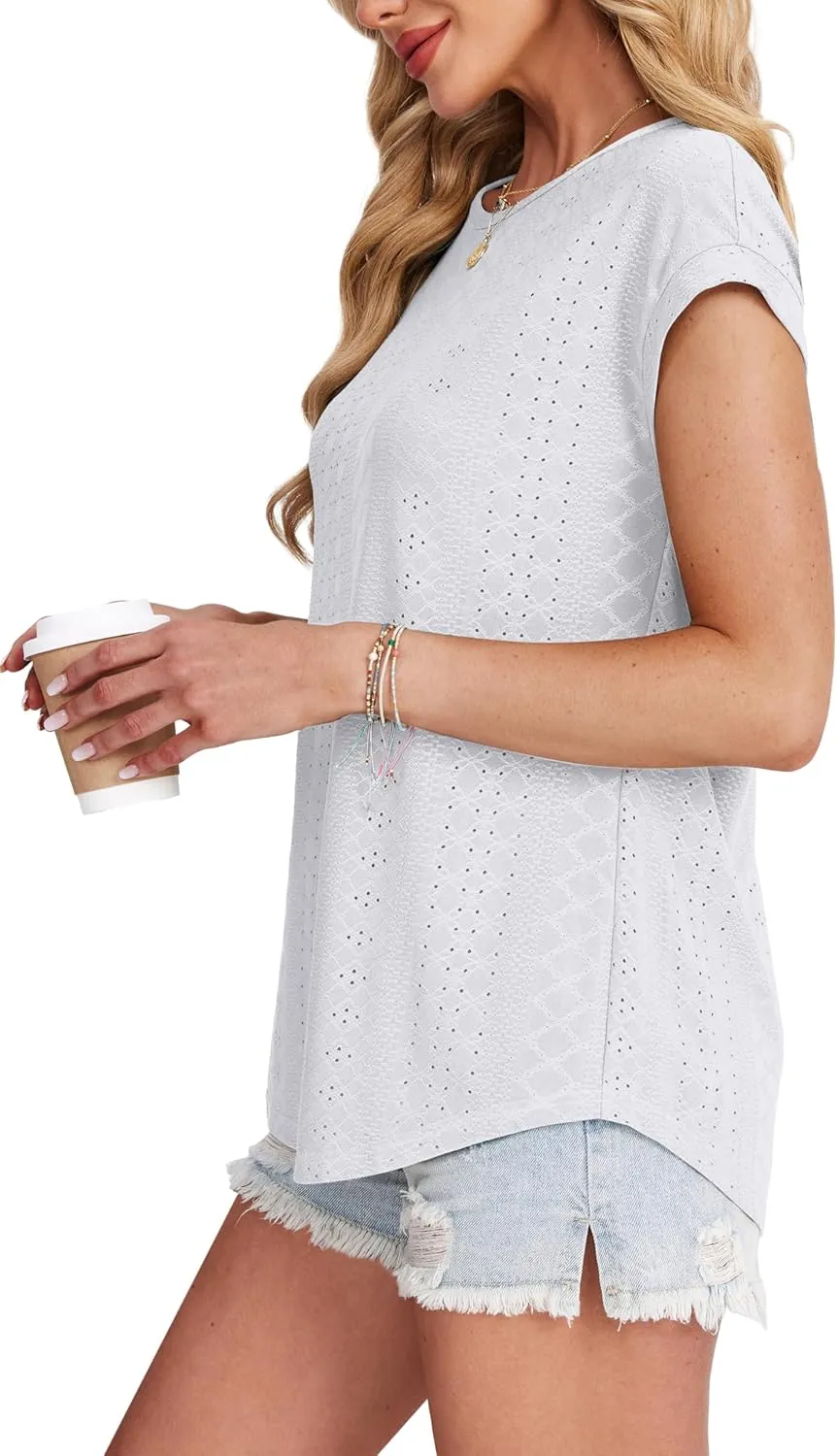 XIEERDUO Womens Tops Short Sleeve Shirts Blouses for Women Dressy Casual Cap Sleeve Tops with Curved Hem