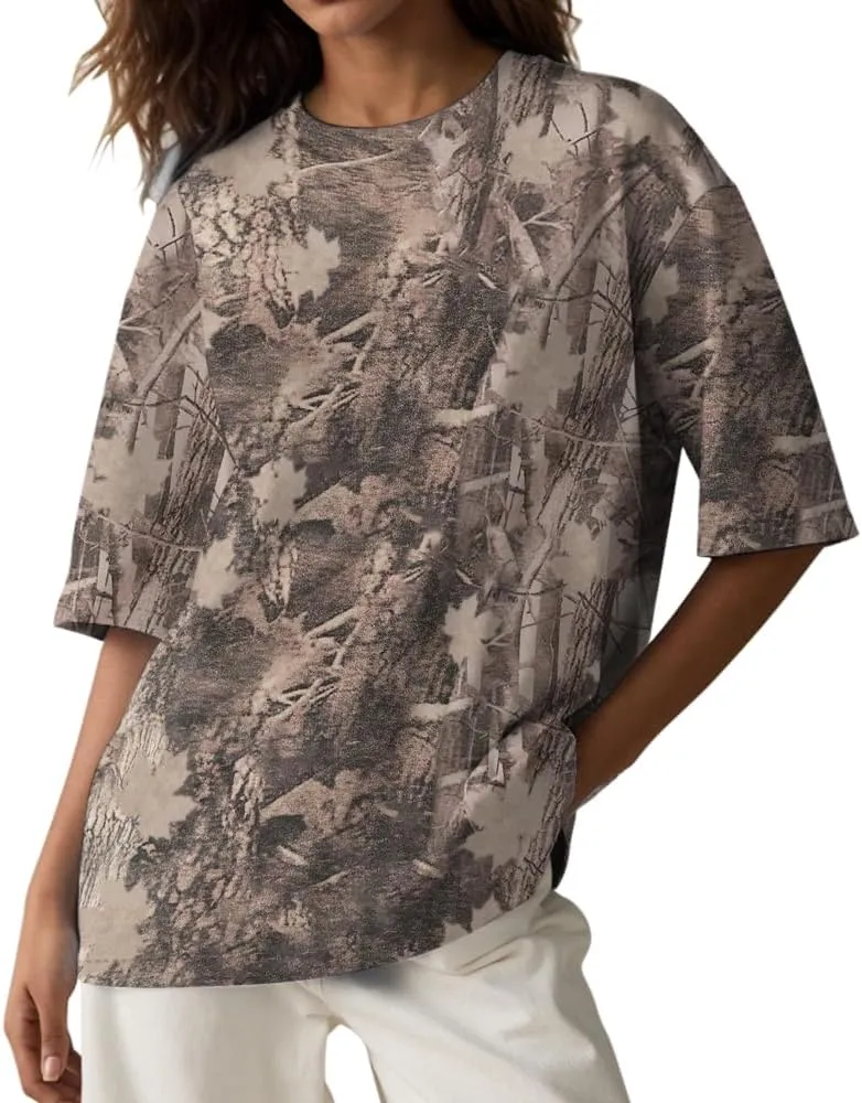 Y2k Camo Oversized Short Sleeve Crew Neck Baggy Shirts Maple Leaf Printed Tshirts Shirts for Women Men
