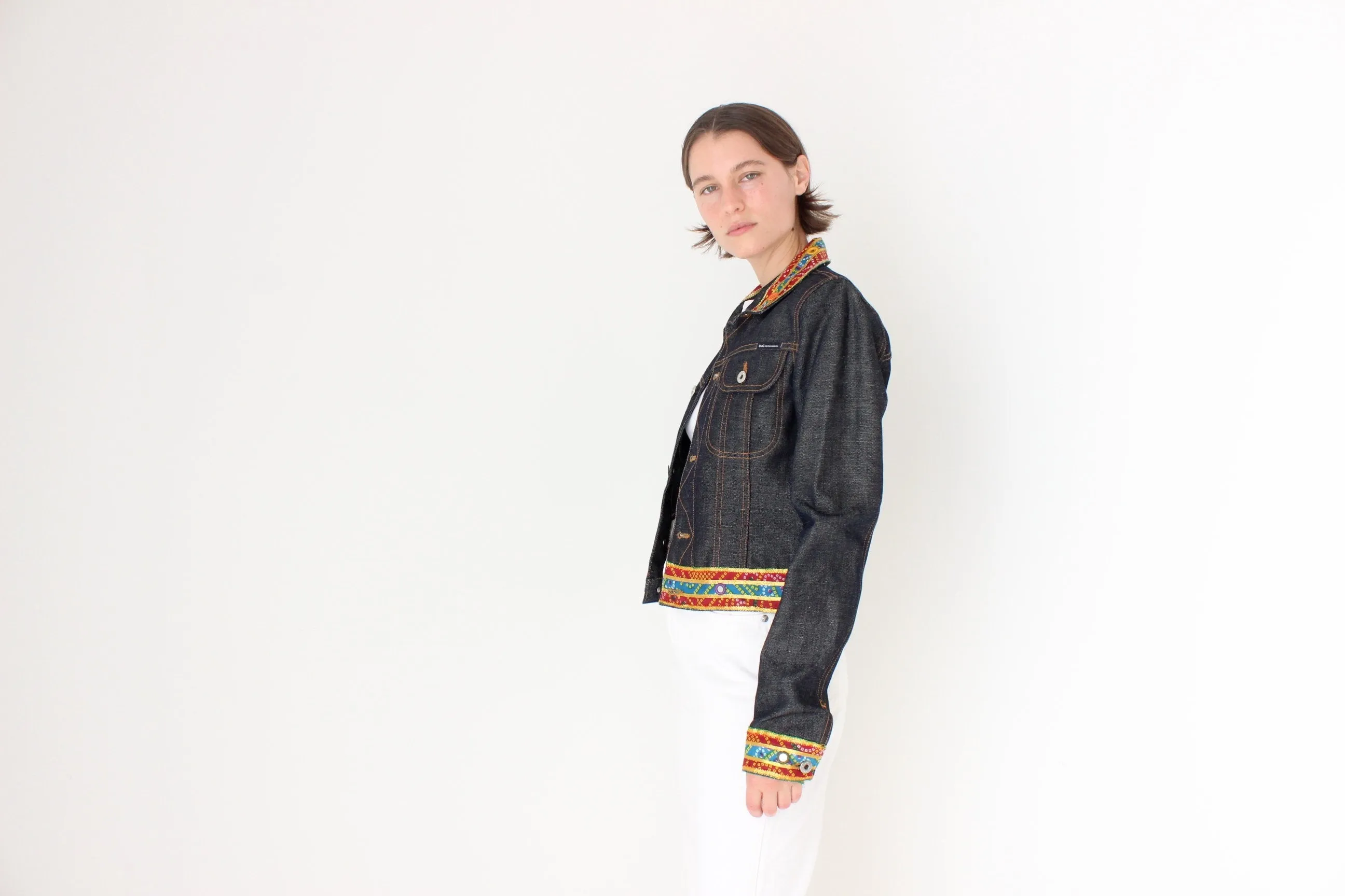 Y2K DOLCE and GABBANA Cropped Denim Jacket w/ Rainbow Mirror Trim