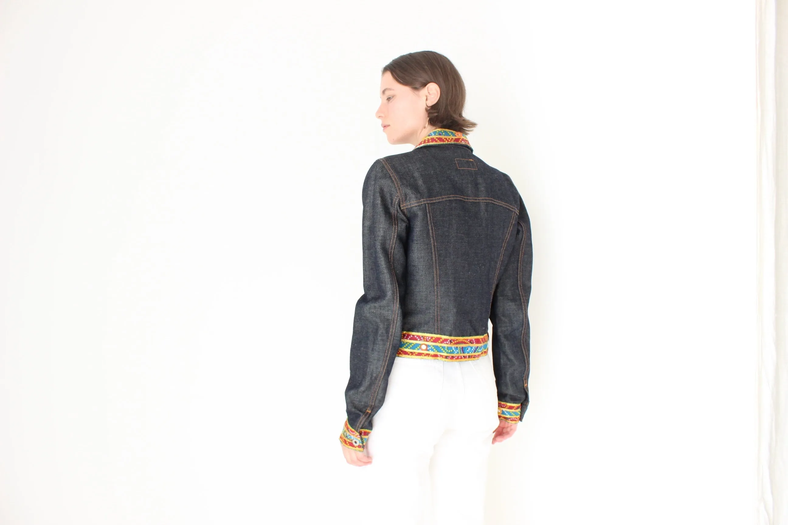 Y2K DOLCE and GABBANA Cropped Denim Jacket w/ Rainbow Mirror Trim