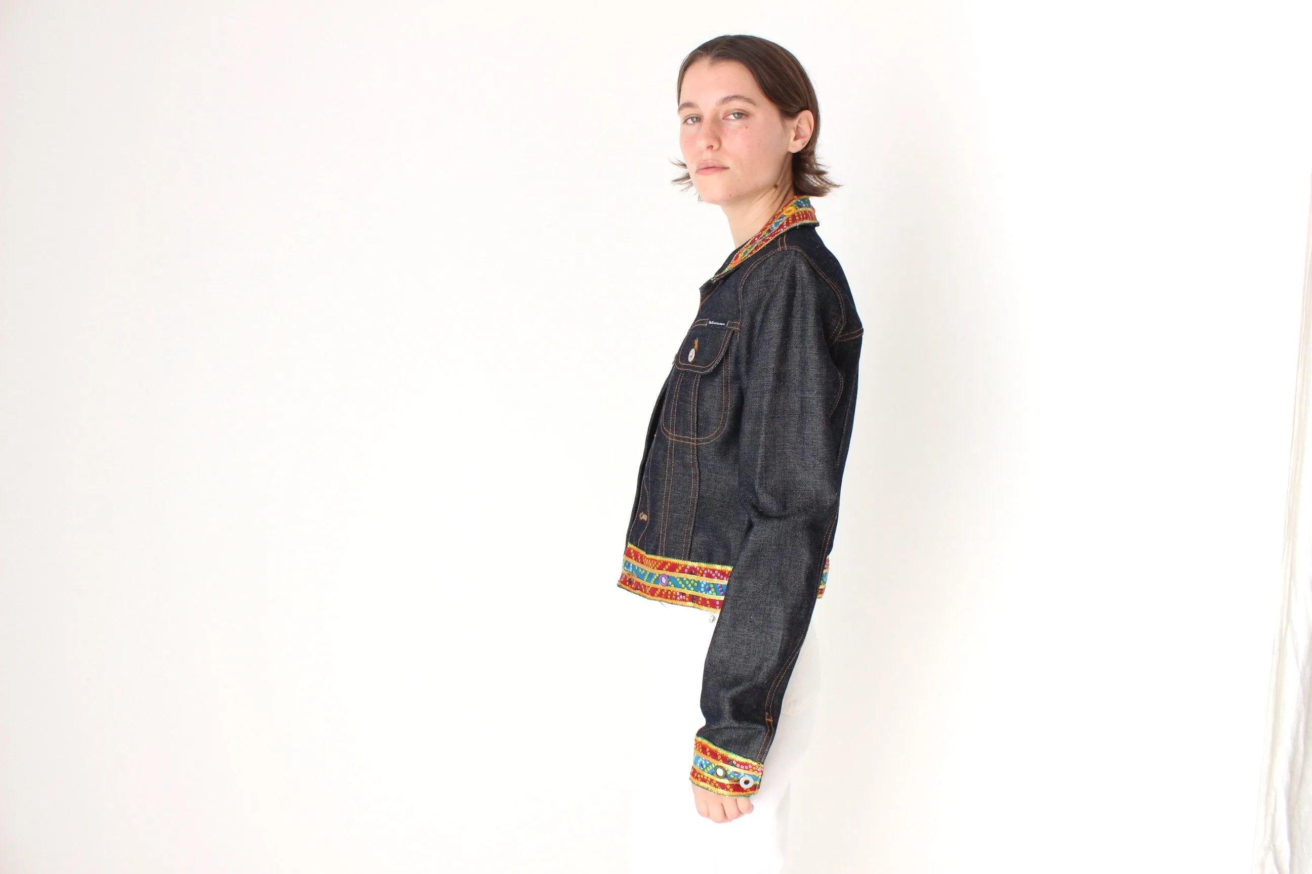 Y2K DOLCE and GABBANA Cropped Denim Jacket w/ Rainbow Mirror Trim