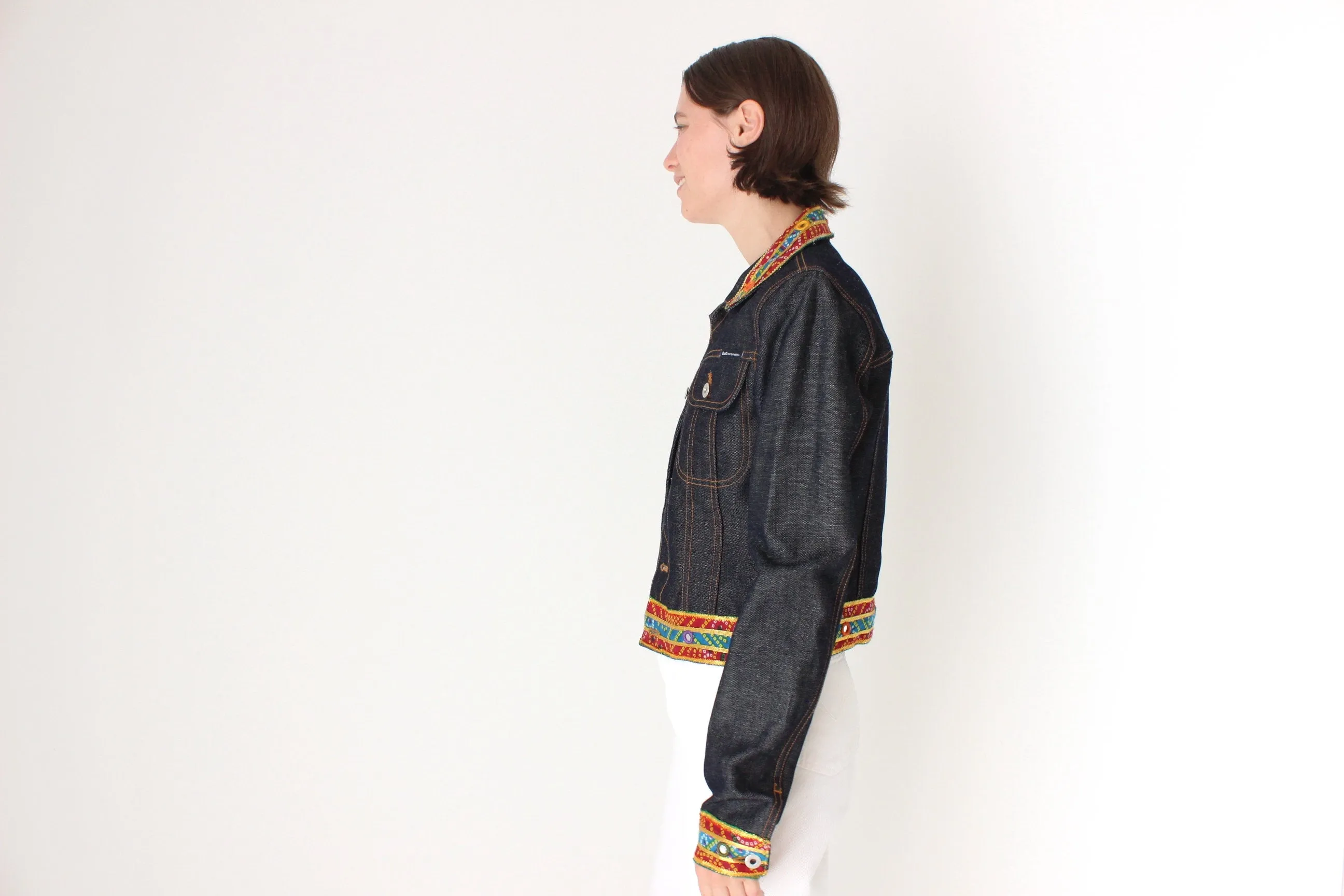 Y2K DOLCE and GABBANA Cropped Denim Jacket w/ Rainbow Mirror Trim