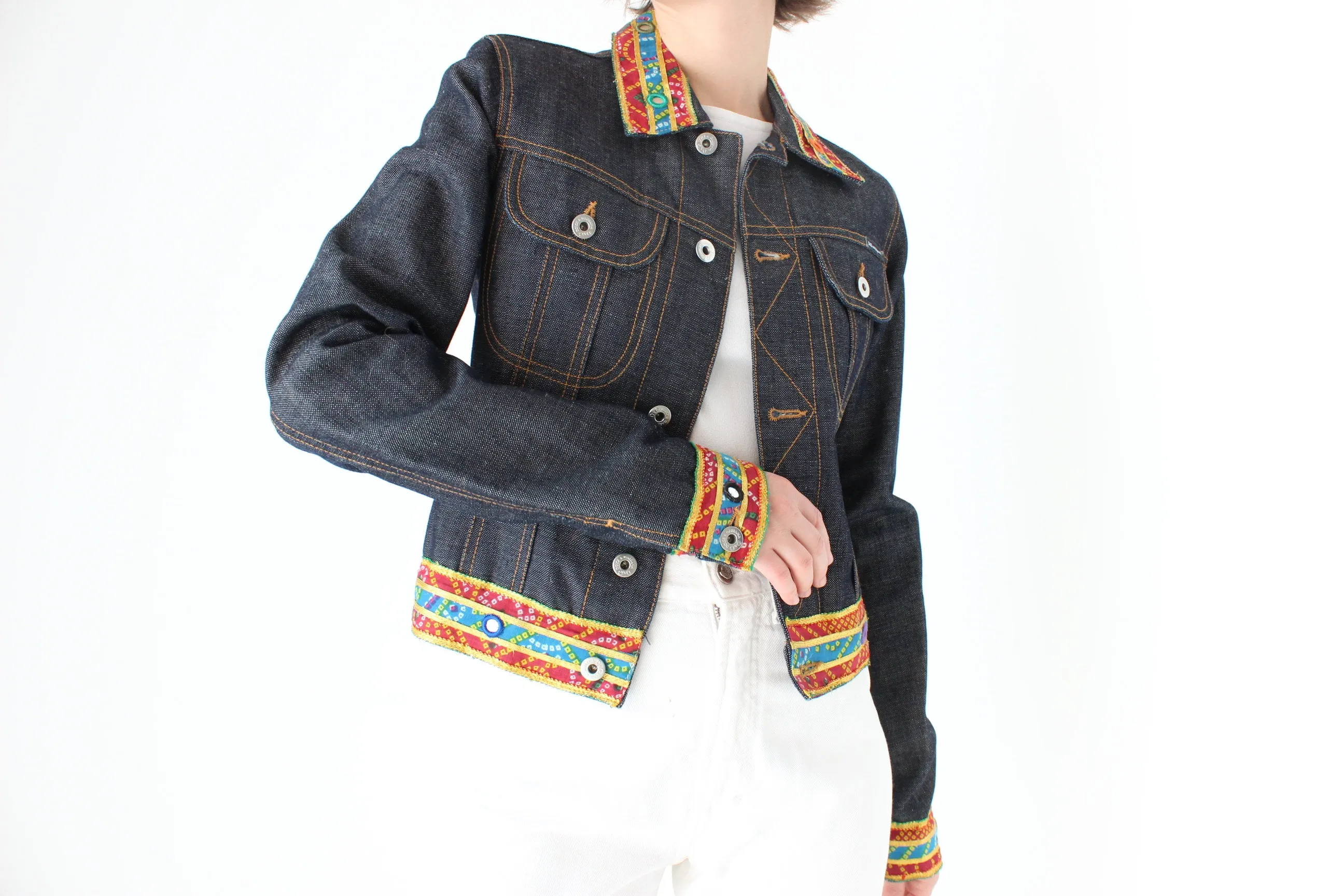Y2K DOLCE and GABBANA Cropped Denim Jacket w/ Rainbow Mirror Trim