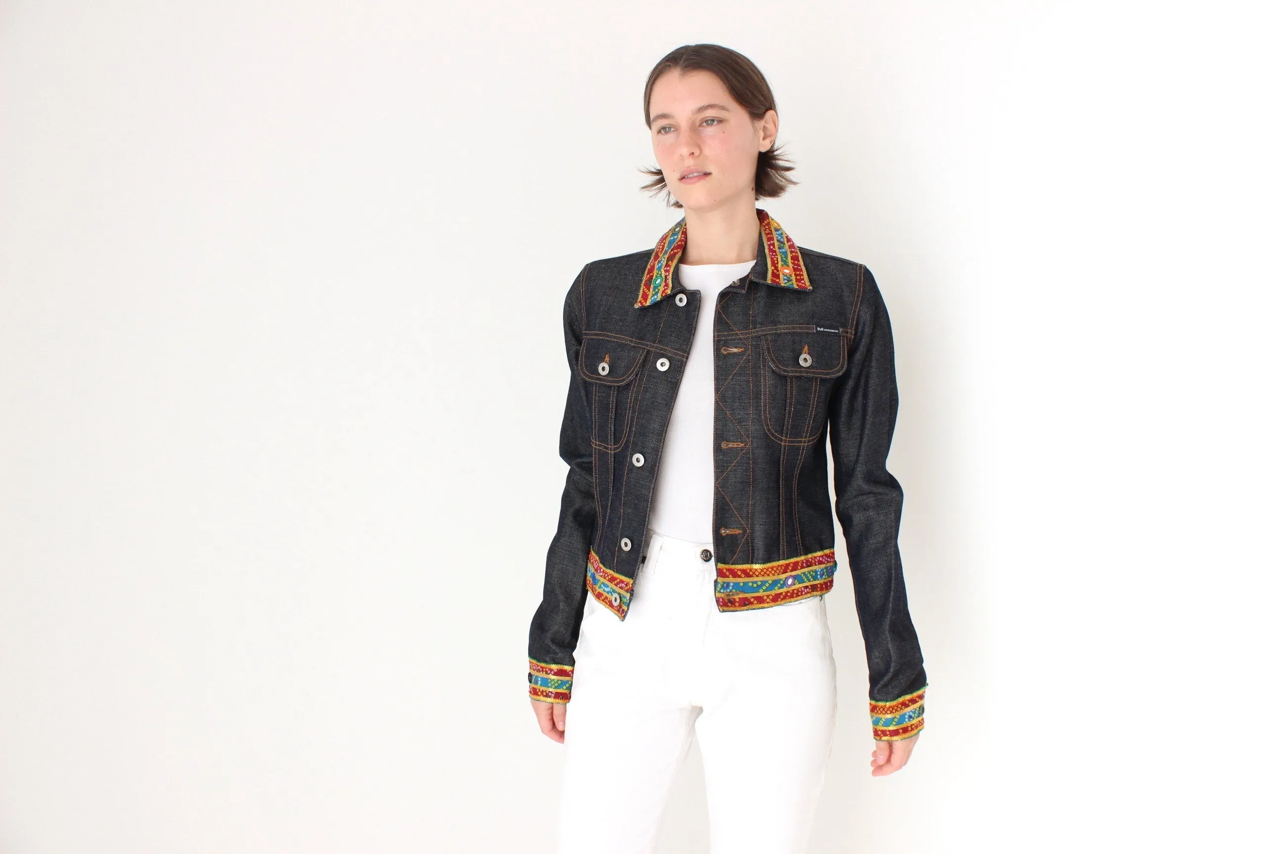 Y2K DOLCE and GABBANA Cropped Denim Jacket w/ Rainbow Mirror Trim