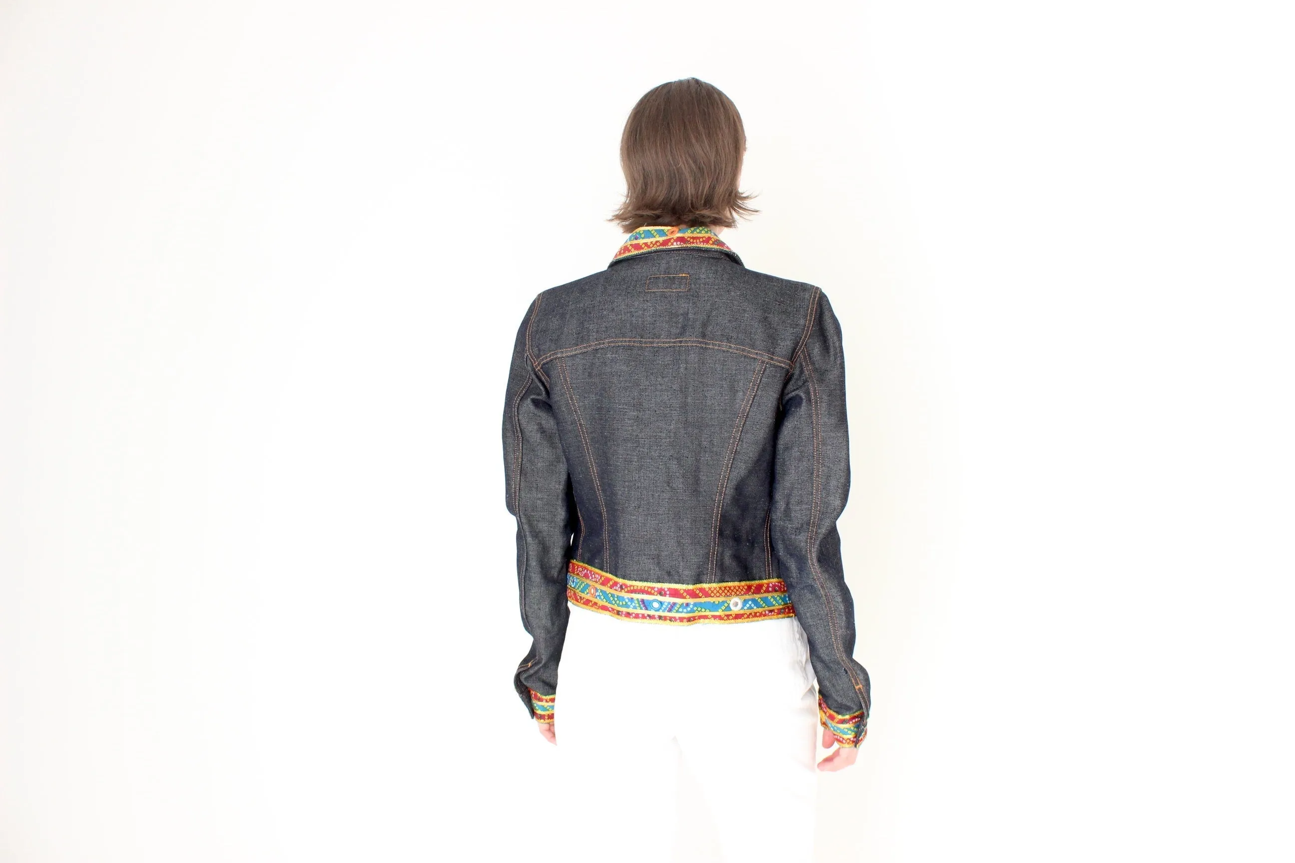 Y2K DOLCE and GABBANA Cropped Denim Jacket w/ Rainbow Mirror Trim