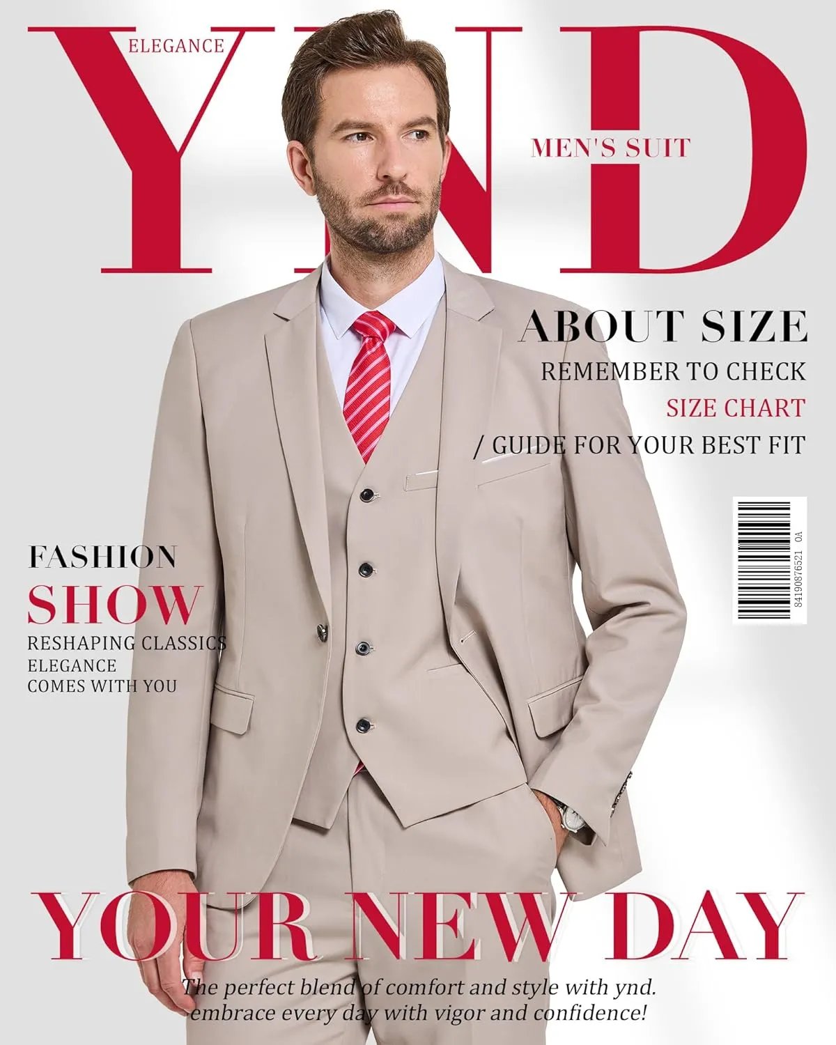 YND Men's Slim Fit 3 Piece Suit, One Button Solid Jacket Vest Pants Set with Tie