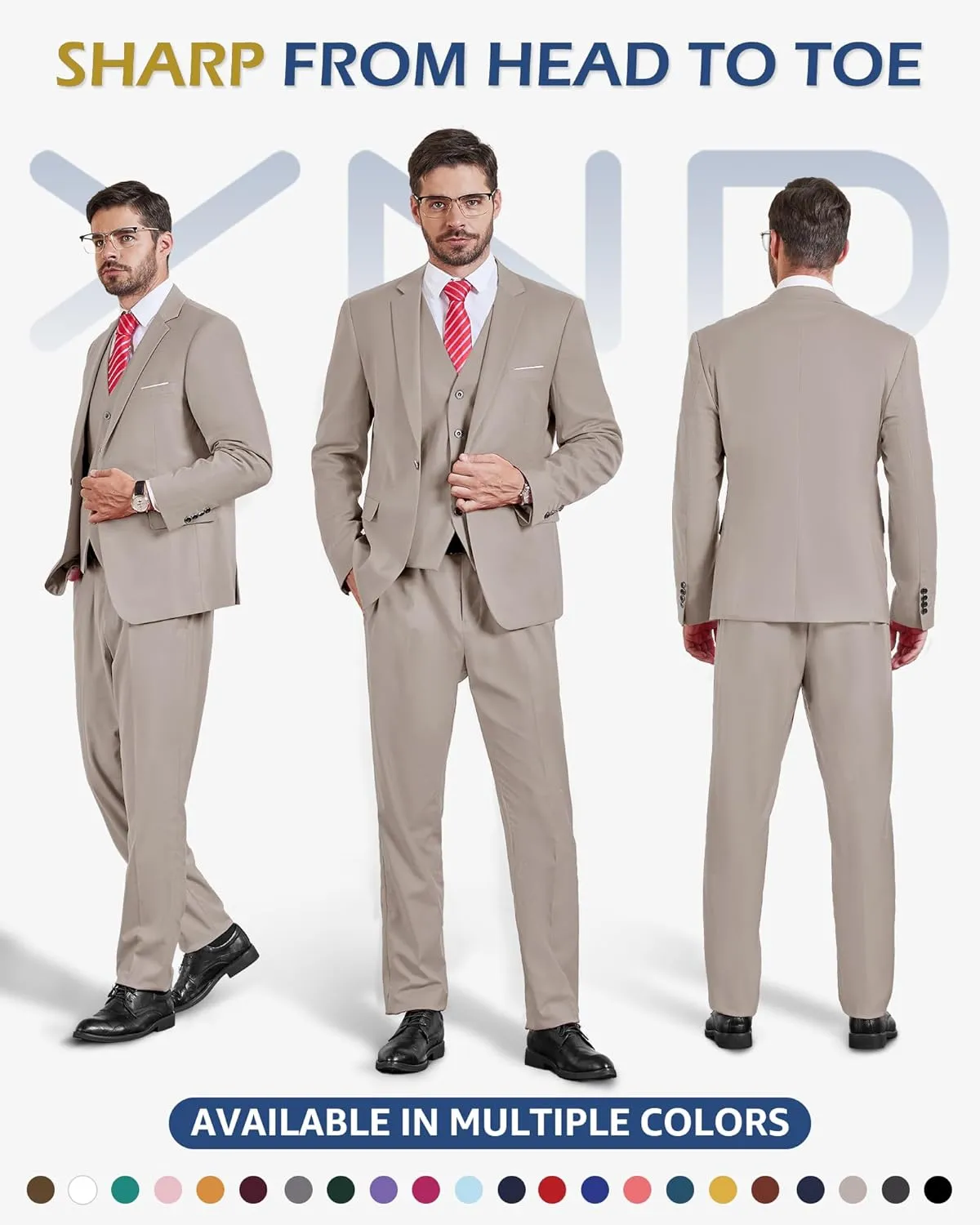 YND Men's Slim Fit 3 Piece Suit, One Button Solid Jacket Vest Pants Set with Tie