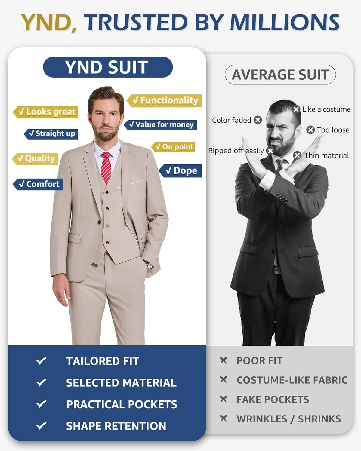 YND Men's Slim Fit 3 Piece Suit, One Button Solid Jacket Vest Pants Set with Tie