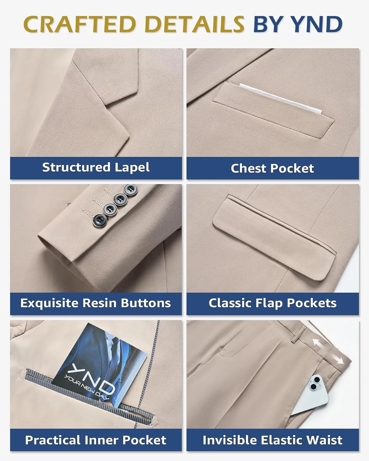 YND Men's Slim Fit 3 Piece Suit, One Button Solid Jacket Vest Pants Set with Tie