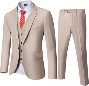 YND Men's Slim Fit 3 Piece Suit, One Button Solid Jacket Vest Pants Set with Tie
