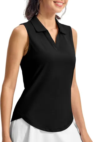 YSENTO Women's V-Neck Collared Golf Tennis Shirts Sleeveless UPF 50  Quick Dry Polo Shirts Tops Split Hem