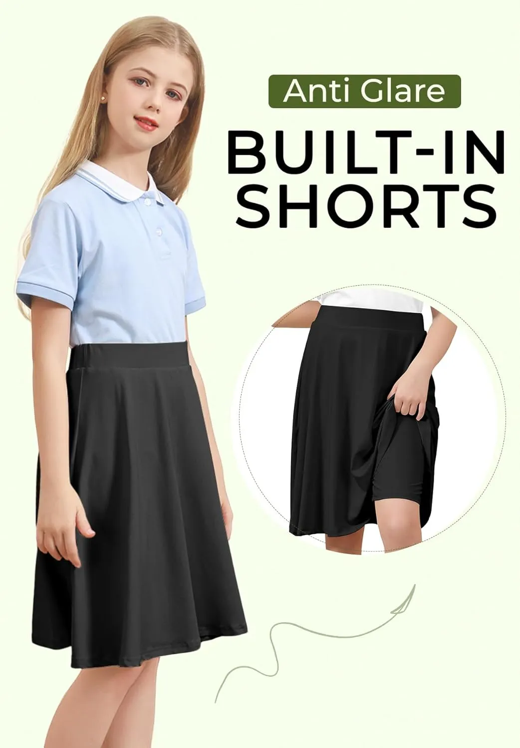 Zando Girls' Knee Length Skorts A Line Skirt with Shorts Kids Teens Athletic Skort Size 6-14 -for School&Playtime