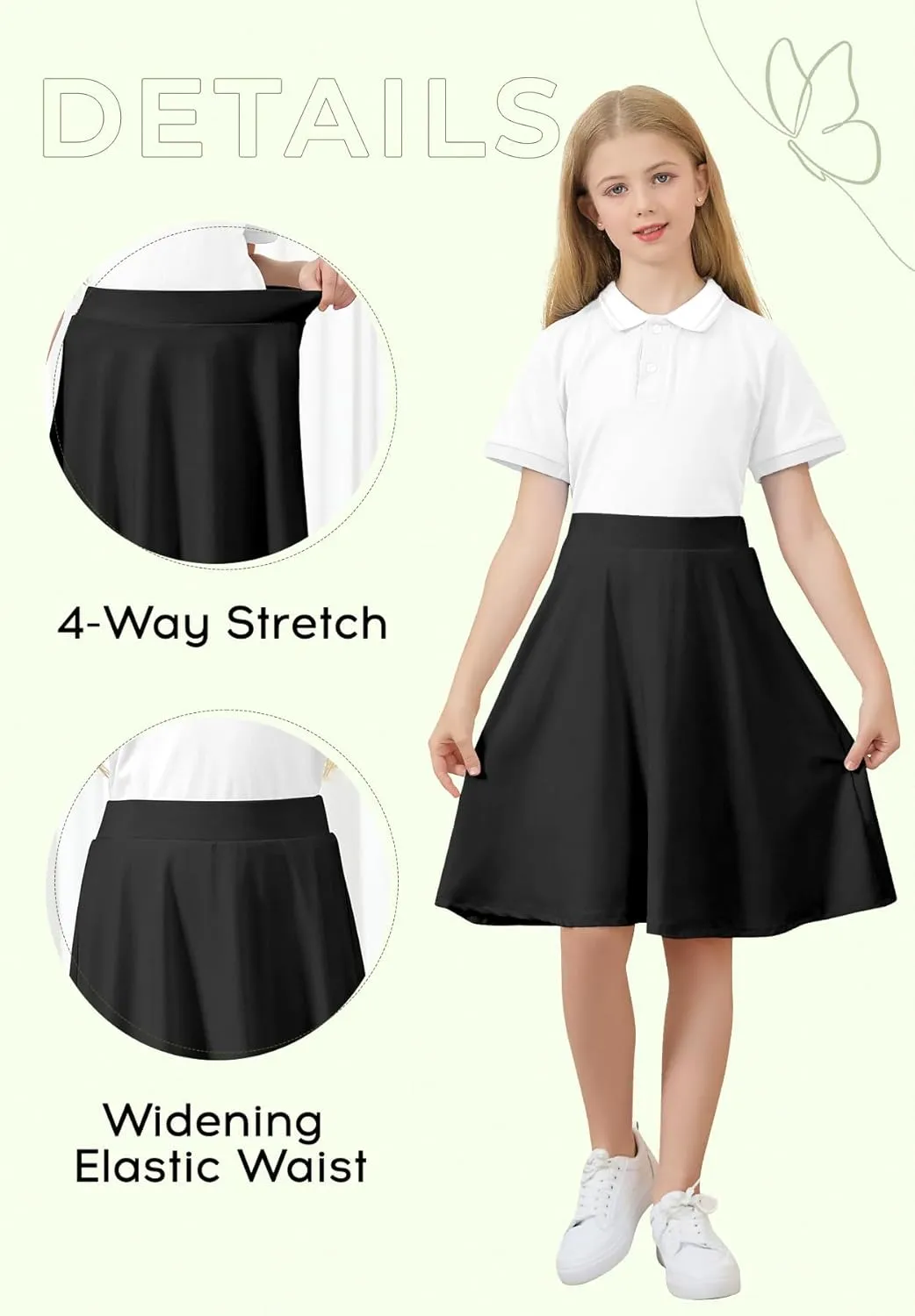 Zando Girls' Knee Length Skorts A Line Skirt with Shorts Kids Teens Athletic Skort Size 6-14 -for School&Playtime