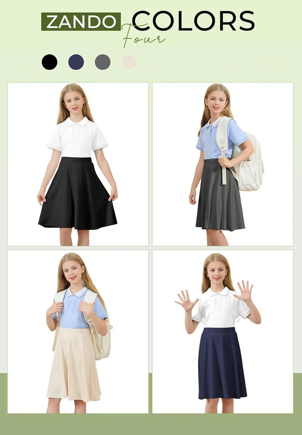 Zando Girls' Knee Length Skorts A Line Skirt with Shorts Kids Teens Athletic Skort Size 6-14 -for School&Playtime