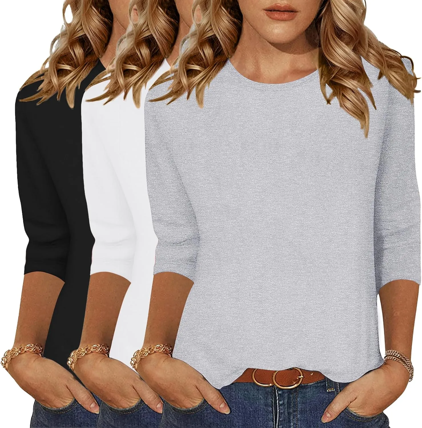 Zeagoo Tops for Women 3 Pack 3/4 Sleeve Crewneck Cute Basics Tees Casual Fashion Summer T Shirts Business Work Tee Top